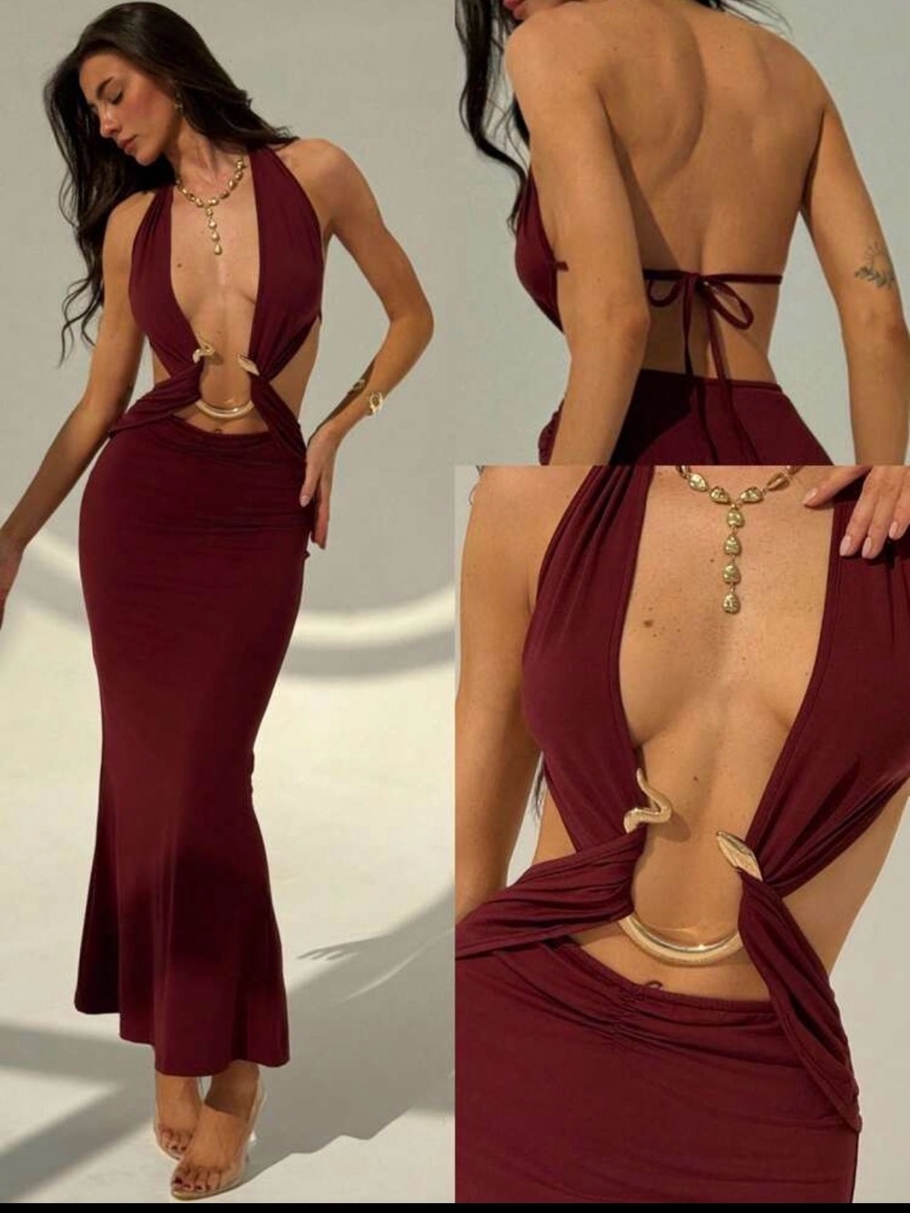 SHEIN Burgundy Backless Halter Cutout Maxi Dress